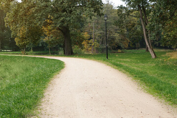 Beautiful public city park with pathway and green grass