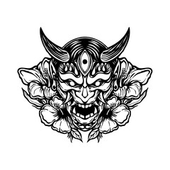 The brown japanese mask with leaf line art