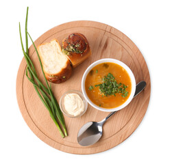 Delicious borsch served with pampushky isolated on white, top view. Traditional Ukrainian cuisine
