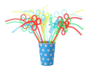 Color plastic cocktail tubes in paper cup on white background