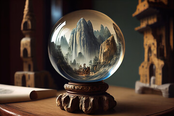 Chinese mountain temple architecture in a crystal ball.