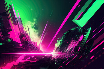 Vibrant glitchy digital design with neon green and pink tones, generative ai