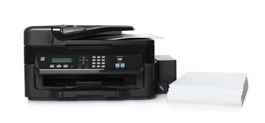Modern printer and stack of paper on white background