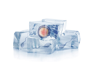 Cryopreservation of genetic material. Ovum and sperm cells in ice cubes on white background