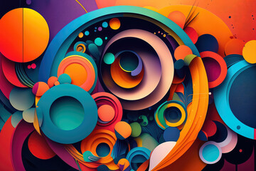 Vibrant mixed media composition with overlapping circular shapes and textures in a rainbow of colors, generative ai