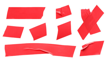 Collage with pieces of red insulating tape on white background