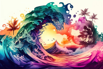 Bold and bright watercolor waves with a tropical twist, perfect for adding a touch of paradise to any room, generative ai