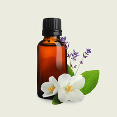 Bottle of lavender jasmine essential oil, green leaves and flowers on light background