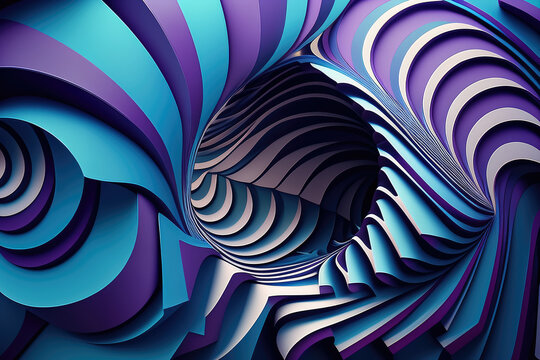 Fototapeta Abstract optical illusion wallpaper with irregular and distorted stripes and curves in shades of blue and purple, generative ai