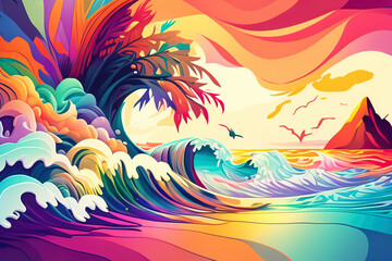 Fototapeta na wymiar Bold and bright watercolor waves with a tropical twist, perfect for adding a touch of paradise to any room, generative ai