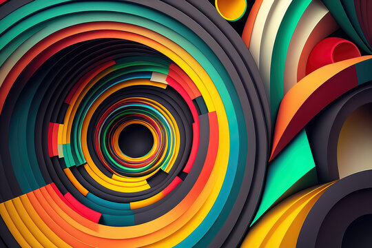 Fototapeta Multicolored concentric circles with overlapping lines in a 3D space, generative ai