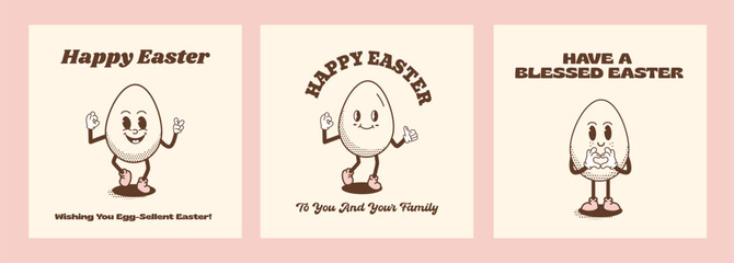 Set of Happy Easter Holidays square greeting cards or posters in vintage nostalgic style. Funky retro Easter Egg cartoon character. Quirky outline mascot with halftone shadow. Vector illustration.