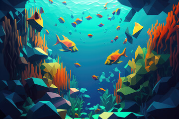 Obraz na płótnie Canvas Pixelated underwater scene with blocky shapes and gradients in a blue-green color scheme, generative ai