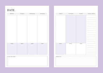 Set 2 Weekly planner template. Minimalist planner template set. Vector illustration.