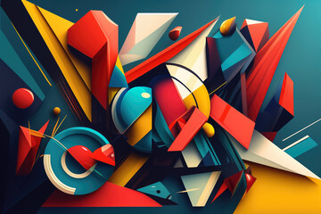 Abstract geometric shapes in bold shades of red, blue, yellow, and green overlapping and intersecting to form a dynamic and eye-catching image, generative ai