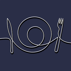 Knife, fork, plate. Top view one line continuous drawing illustration. Hand drawn line art. Minimal design element for print, banner, card, brochure and poster. Vector EPS 10