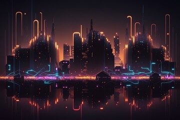 Abstract cityscape circuit with futuristic design.
Created with generative AI technology and Photoshop.