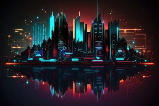 Abstract cityscape circuit with futuristic design.
Created with generative AI technology and Photoshop.