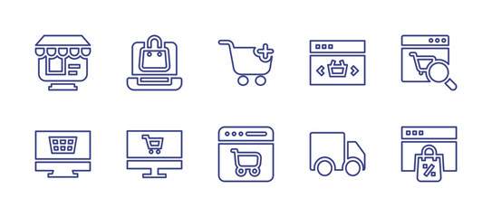 E-Commerce line icon set. Editable stroke. Vector illustration. Containing ecommerce, laptop, cart, online shopping, searching, shopping online, online shop, car.