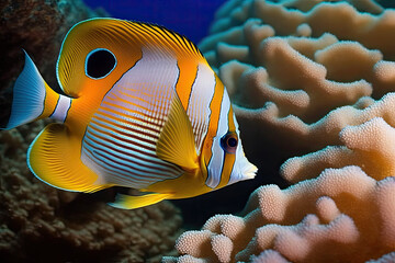 Naklejka na ściany i meble Beautiful fish on the seafloor and coral reefs are the copperband butterflyfish and chelmon rostratus marine species, generative AI
