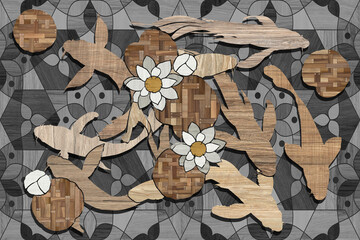 Seamless with koi fish colorful wood pattern on a texture background.
