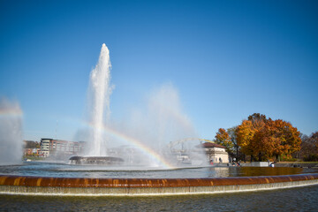 View of Point State Park Fountain on a sunny day in Pittsburgh, Pennsylvania 