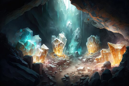 The crystal caverns. A massive underground cavern system filled with glittering crystals and gemstones. Generative AI