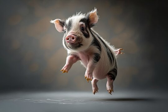 Cute jumping mini piglet piglet doing tricks playful grey background studio. Generative AI