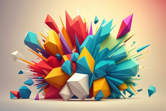 Fototapeta Explosion of Colorful 3D Geometric Shapes on a White Background, generative ai