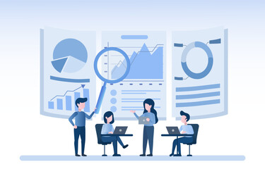 Teamwork analysis concept. Businessman meeting and information brainstorming. Online dashboard project sharing data. Vector illustration.