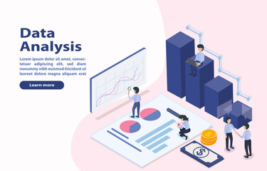 Data analysis banner. Business people work together to present a project planning analytical graph. Isometric vector illustration concept.