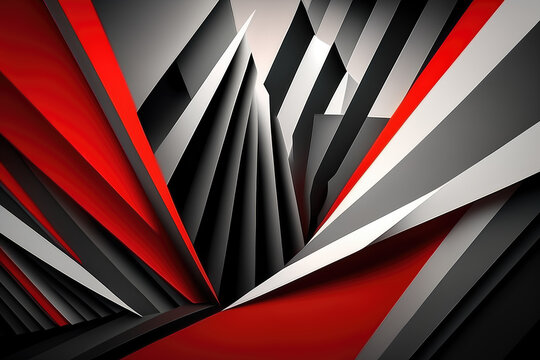 Fototapeta Edgy and futuristic optical illusion wallpaper with sharp and angular stripes and curves in shades of gray and red, generative ai