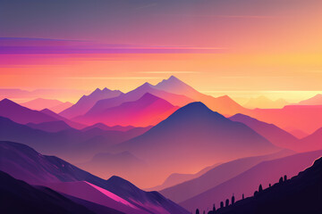 Obraz premium Pastel gradient mountain range at sunset, with hues of lilac, peach, and buttercup yellow, creating a stunning landscape, generative ai