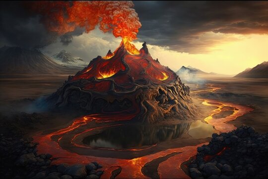 The land of fire and brimstone. A region of active volcanoes and boiling hot springs where flames dance across the landscape. Generative AI