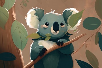 Cute Koala holding some Eucalyptus leaves on a branch in a tree. Australia, Ate, Cute, Endangered, Furry. [Digital Art, Illustration, Portrait of an Animal Character, Science Fiction, Fantasy, Backgro