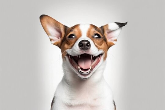 Adorable funny smiling dog. Background is white. Don't worry, and be happy. positive feelings and actions. Generative AI