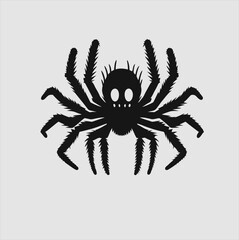 Black insect spider silhouette, isolated gray background. Scary spider icon, scary dangerous insect, arachnophobia fear. Vector illustration