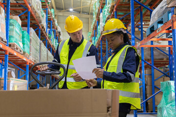 Store clerks inspect products, warehouses, industrial and logistics supply chains.