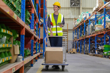 Store clerks inspect products, warehouses, industrial and logistics supply chains.