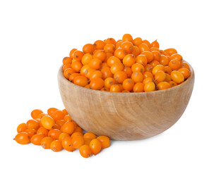 Bowl with fresh ripe sea buckthorn berries on white background