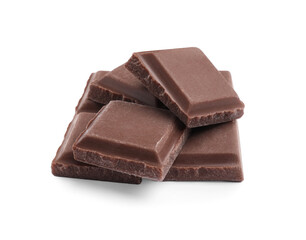 Pieces of delicious milk chocolate bar on white background