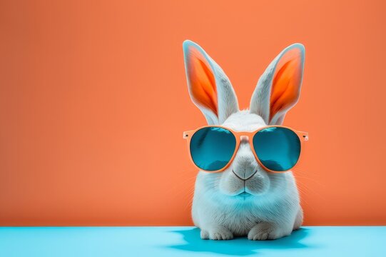 Abstract clip-art of White Rabbit wearing trendy sunglasses. Contemporary pastel blue background. Copy space. Easter minimalism. For Easter scrapbooking posters planners, web, landing page. AI image.