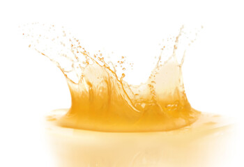 Splashing tasty fresh juice on white background