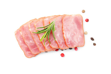 Slices of delicious smoked sausage with rosemary and pepper isolated on white, top view