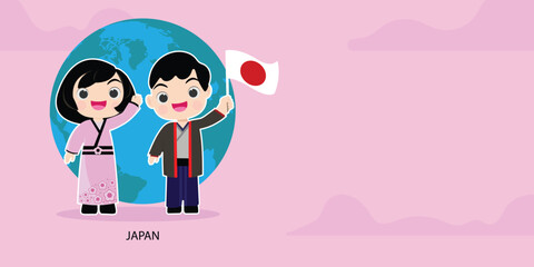 Illustration of a Kid man and woman Wearing a Kimono, Japanese National Costume  the Map and earth of japan