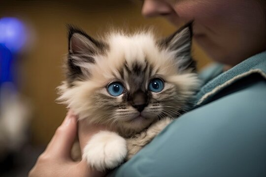 At a vet clinic, a woman vet holds a cute ragdoll kitten with beautiful blue eyes and checks it out. A picture of a fluffy purebred kitten getting care at an animal hospital. Generative AI
