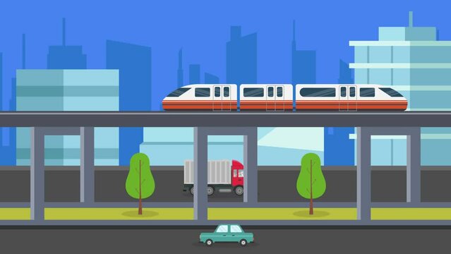 Monorail and car traffic with city background 2d animation
