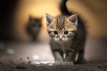 Obraz na płótnie Canvas A close up picture of a cute little kitten walking slowly, sneaking up on something, keeping a sharp eye on it, and getting ready to attack. Animals that live in homes and young kittens. The idea of t