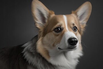 Close up of a corgi dog on a gray background in a studio. Generative AI