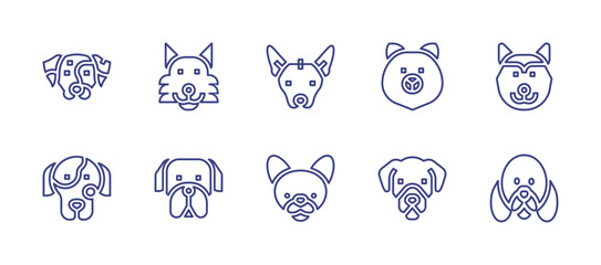Dog breeds line icon set. Editable stroke. Vector illustration. Containing dalmatian, german shepherd, xoloitzcuintle, pomeranian, shiba inu, english mastiff, chihuahua, great dane, cocker spaniel.